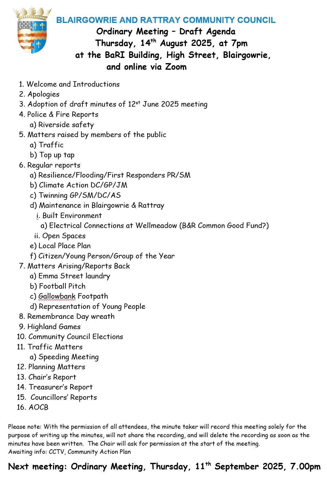 BRCC Meeting Agenda