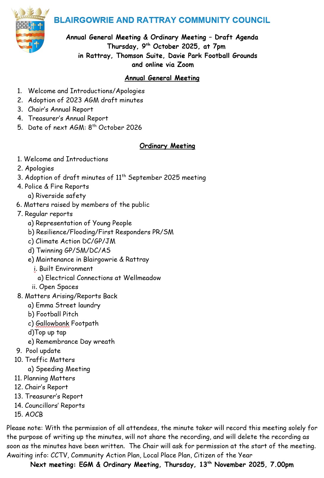 BRCC Meeting Agenda