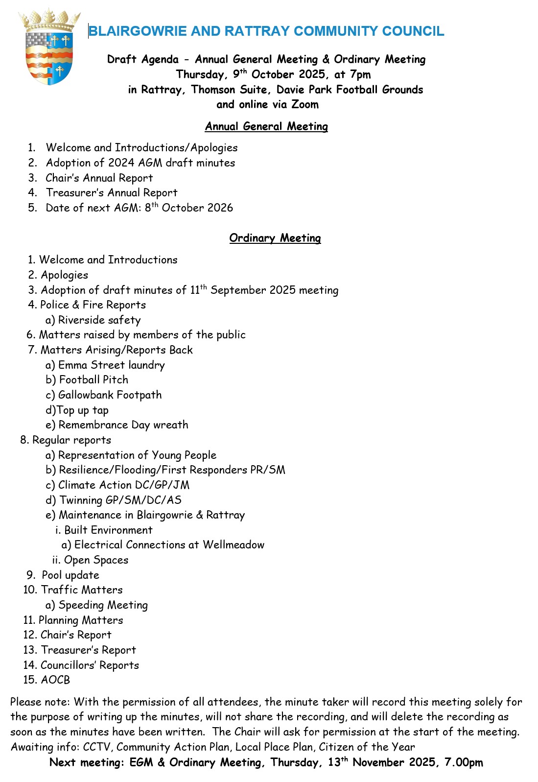 BRCC Meeting Agenda